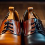 A pair of two-tone leather dress shoes, one tan and the other dark brown, sit side by side on a wooden floor. With their polished finish, laced design, and included quality shoe trees, they make a smart investment for any wardrobe.