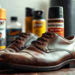 A pair of polished brown smooth leather dress shoes is displayed on a table, surrounded by various shoe care products, including waterproofing spray and other preferable alternatives like bottles and sprays labeled "Helaint," "Gayert," and "Heaterproof.