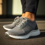 Close-up of a person wearing gray athletic sneakers with white soles, standing on a textured surface. These sneakers mimic barefoot shoes, offering freedom and flexibility.