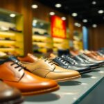 A row of men's dress shoes, showcasing Indonesian quality shoes in various styles and colors like brown and black, is displayed on a glass shelf in a brightly lit shoe store. Shelves in the background hold more options, while a red "50% SALE" sign is partially seen.