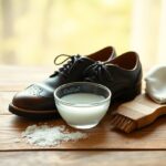 A pair of polished black dress shoes is placed on a wooden surface next to a small bowl of soapy water, a brush, and a cloth. Salt is scattered nearby, suggesting a shoe cleaning process.