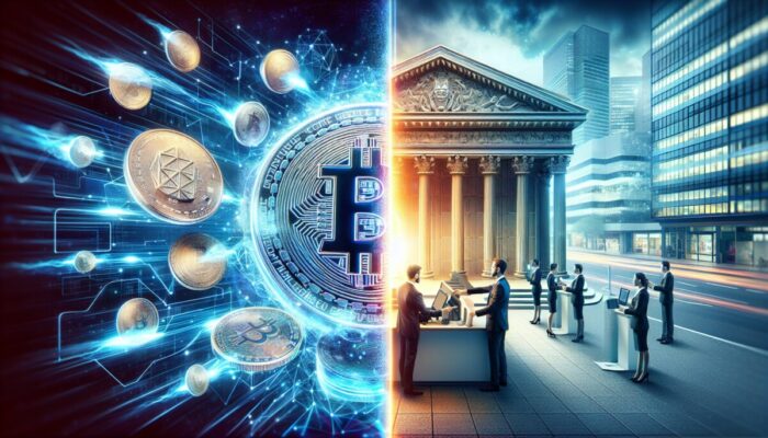 Visual comparison of a digital wallet and traditional bank setting, highlighting the advantages of cryptocurrency in speed and control.