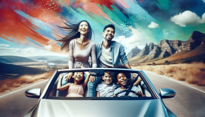 A family in a rented convertible enjoying a scenic drive during their summer vacation.