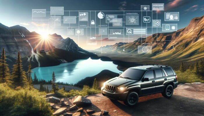 Rugged SUV at a scenic overlook in a national park at dawn, with a mountain lake.