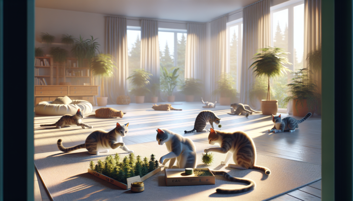 Cats energetically playing with catnip toys in a tranquil room, highlighting the benefits of feline enrichment.