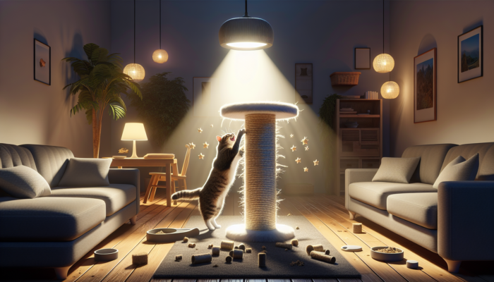 A cat scratching a catnip-sprinkled post, ignoring furniture, demonstrating effective behavior training in a cozy room.