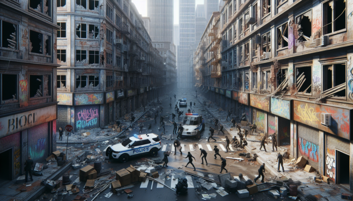 A dystopian cityscape depicting rampant crime, broken windows, graffiti, and looting, symbolizing societal collapse.