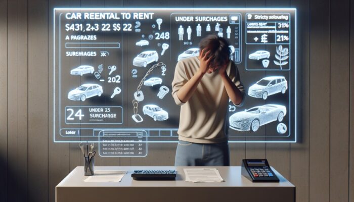 A young adult at a car rental counter, facing frustration due to age limitations and surcharges.