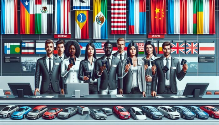 Group of travelers at a car rental desk displaying passports, with flags and rental cars in the background.