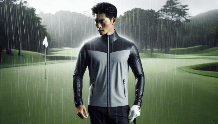 Top Golf Rain Gear: Golfer in waterproof jacket with sealed seams, adjustable cuffs, showcasing 10,000mm rating and breathable fabric on a rainy golf course.