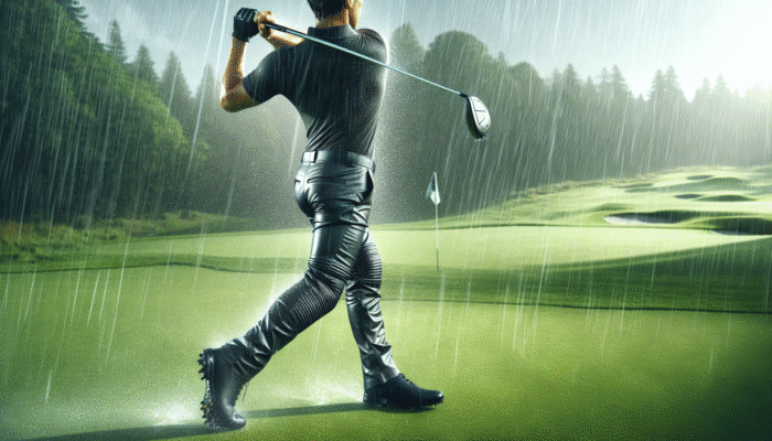Golfer in black rainproof trousers swinging on a rainy golf course, with water repelling off the fabric.