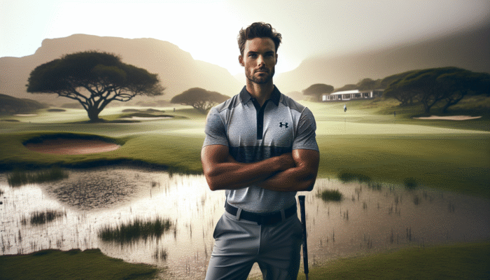 Golfer in South Africa wearing durable Under Armour rainproof trousers on a wet golf course, featuring Sportsman's Warehouse and Takealot logos.