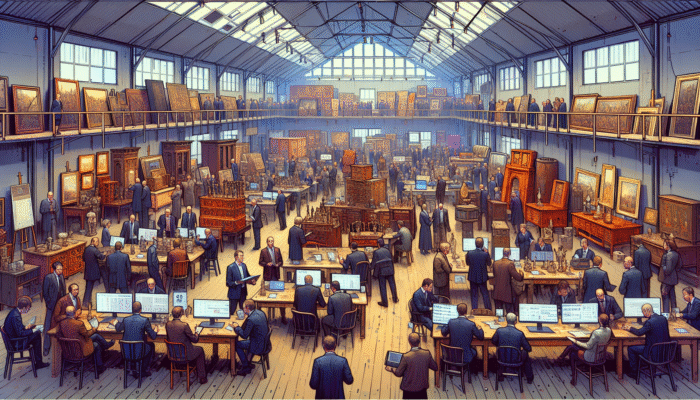 UK auction house interior with collectors bidding on high-value items like furniture and fine art, showing market trends.