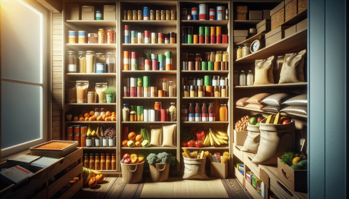 A diverse stockpile of non-perishable foods on shelves in a well-lit pantry.