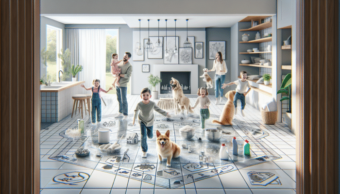 Eco-Friendly Tile Cleaning Products: Children and pets playing safely on eco-friendly cleaned tiles, with natural cleaning ingredients nearby.