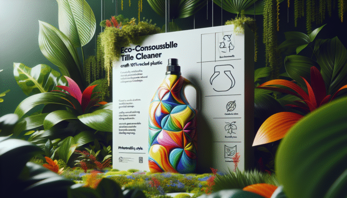Vibrant eco-friendly tile cleaner bottle with plant-based ingredients in recycled plastic packaging, set against lush greenery.