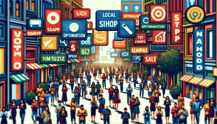 A bustling city street with shops utilizing local SEO signage, attracting mobile users and increasing sales.