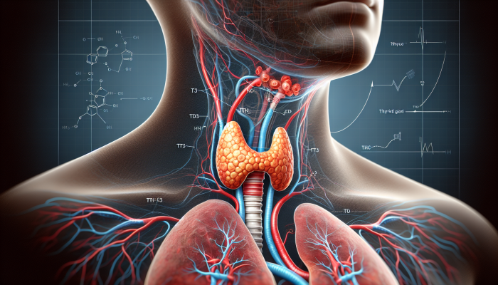 Anatomical illustration of thyroid gland in neck, releasing T3 and T4, connected to pituitary gland and TSH.