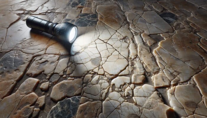 Inspection of cracked limestone flooring showcasing various cracks, moisture, debris, and uneven tiles.
