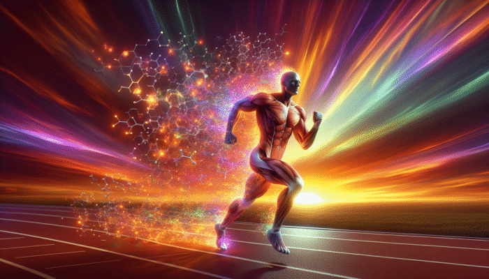 Athlete running on track at sunset, enhanced by glowing BCAA particles.