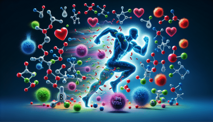Colorful BCAAs molecules enhancing athlete's immune system, surrounded by health symbols.