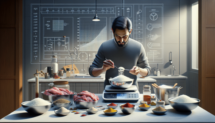 Person measuring rice, meat, and spices for biryani using a scale and spoons on a clean countertop.