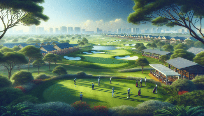 A panoramic view of Durban Country Club's golf facilities, including a championship course and practice range, under a clear sky.