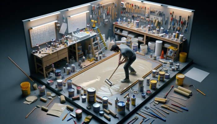 Person applying waterproof sealant with tools and materials in an organized workspace.