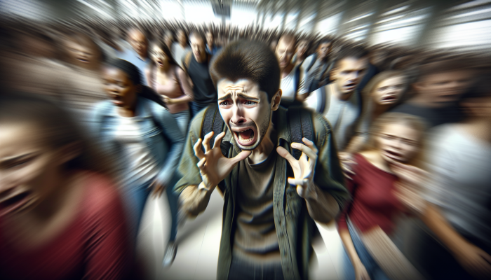 A person in a crowded place experiencing a sudden panic attack, showing intense fear and distress.