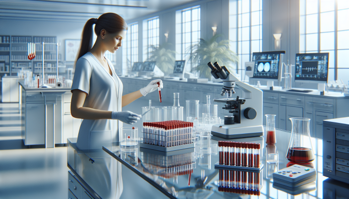 A technician in a calm lab setting preparing a blood sample for a liver test.