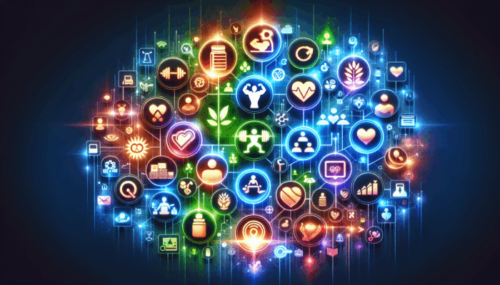 A dynamic collage of subreddit icons related to bodybuilding, wellness, and supplements, interconnected with glowing lines.