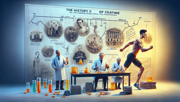 Timeline of creatine history from 1832 discovery to 1992 study, with athletic and scientific imagery.