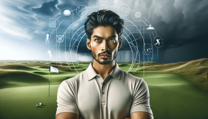 Understanding Mental Toughness in Golf: A golfer showcasing mental resilience on a challenging course with unpredictable weather.