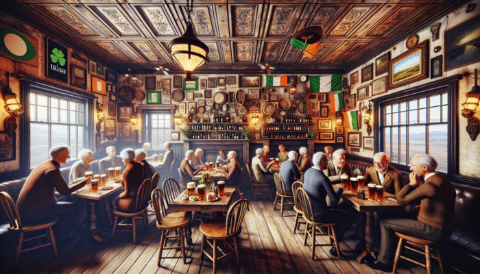 Best Pub Crawl Venues at New York-New-York: Cozy Irish pub with rustic decor, live music, patrons enjoying classic dishes and Guinness.