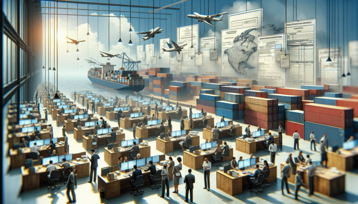 UK clearing office staff managing customs documents amidst international shipping containers.