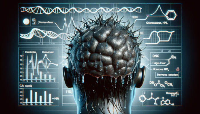 Close-up of scalp with overactive sebaceous glands, excess sebum, DNA strands, and fluctuating hormone levels.