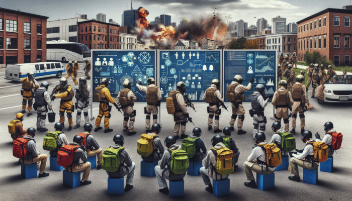 Community defense training: diverse group in protective gear practicing emergency drills in an urban setting with instructors.
