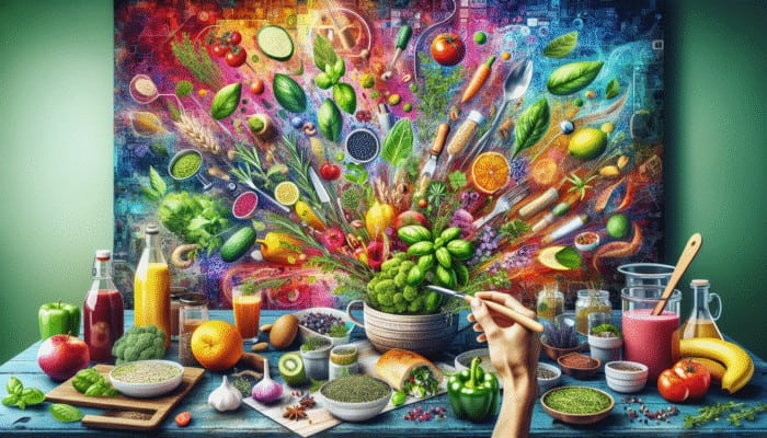 A vibrant kitchen scene featuring herbs like basil, rosemary, and thyme enhancing meals, smoothies, and teas.