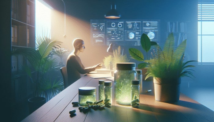 Individual taking ginseng, rosemary, and peppermint capsules in a peaceful, plant-filled workspace.