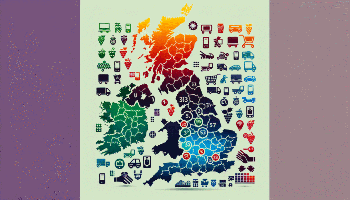 A detailed UK map showing regional pricing variations with color gradients and product category icons.