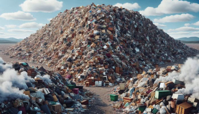Millions of discarded furniture pieces in a UK landfill, highlighting environmental crisis and need for sustainable disposal.