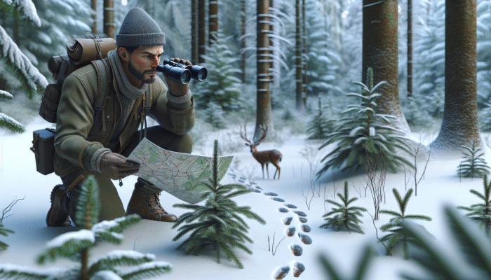 Tracking for Survival: A wildlife tracker examining deer tracks in a snowy forest, using a map and binoculars.