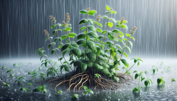 Overwatered herbs with yellowing leaves and wilting stems in waterlogged soil, showing root rot.