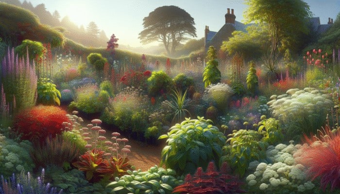 A UK herb garden showing herbs thriving or wilting under varying sunlight levels.