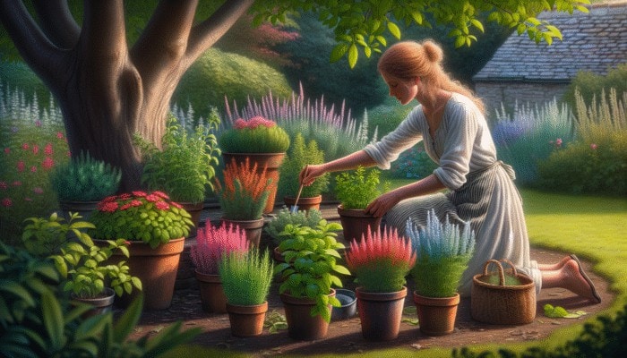 A gardener adjusting herb positions seasonally in the UK for optimal health and growth.