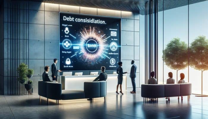 Top debt consolidation loan providers in 2025: A Comprehensive Guide | DCL Modern bank lobby with digital screen showing Barclays' debt consolidation loans, consultant assisting diverse clients.