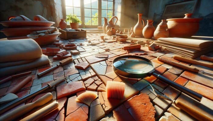 Close-up of terracotta tiles showing cracks, chips, and stains, with a magnifying glass and cleaning tools in a rustic, sunlit room.