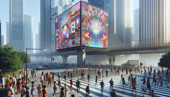 A digital billboard in an urban setting displaying ads tailored for a diverse and engaged audience.