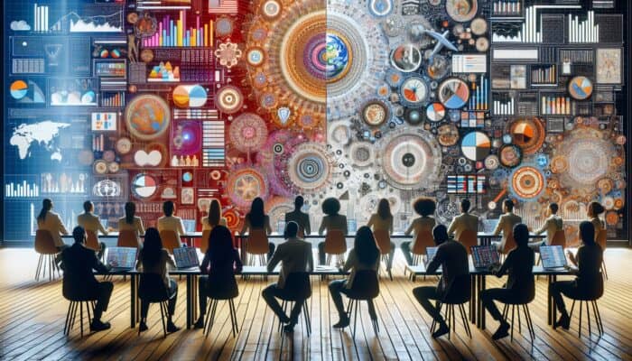 A diverse group of individuals engaging with ads tailored to their demographic and psychographic profiles in a vibrant setting.