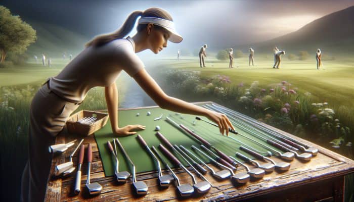 A golfer selecting a putter from a collection on a wooden table in a lush green landscape.